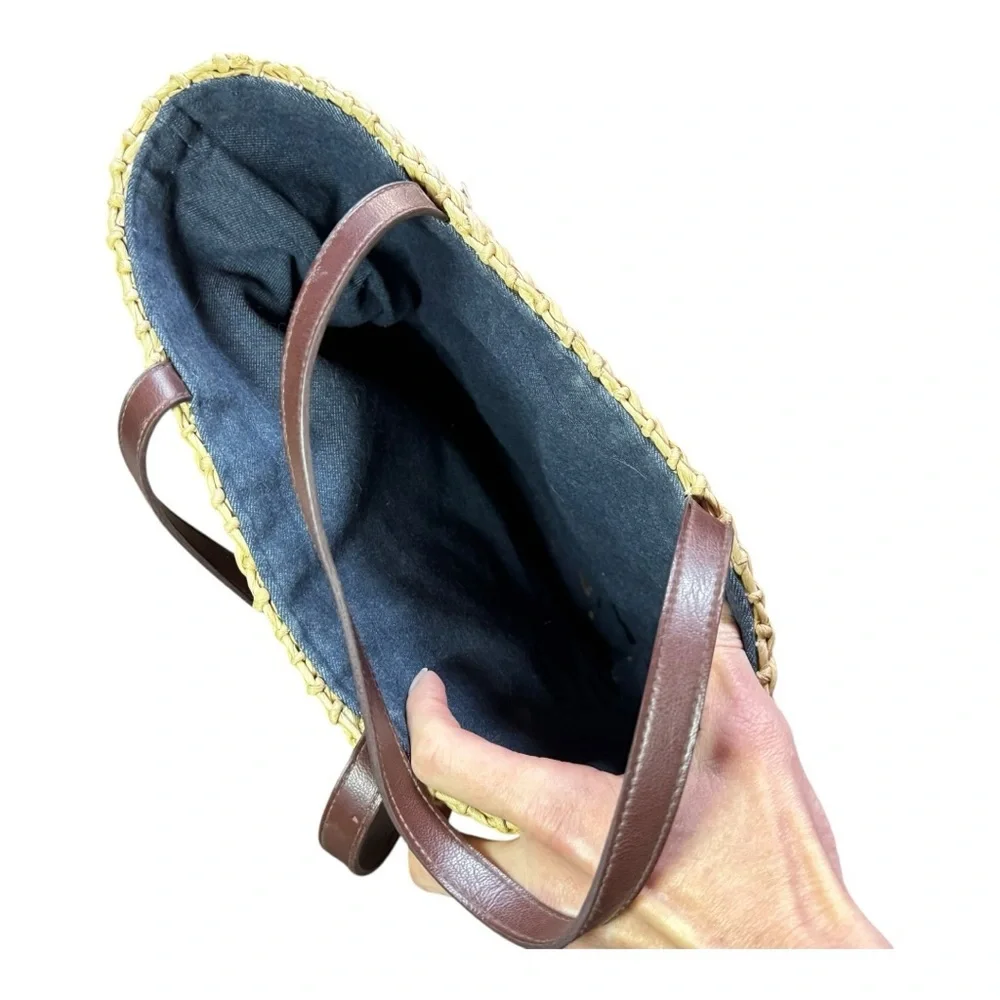 AMERICANA Vintage Straw Bag Tote With Draw String Chambray Liner